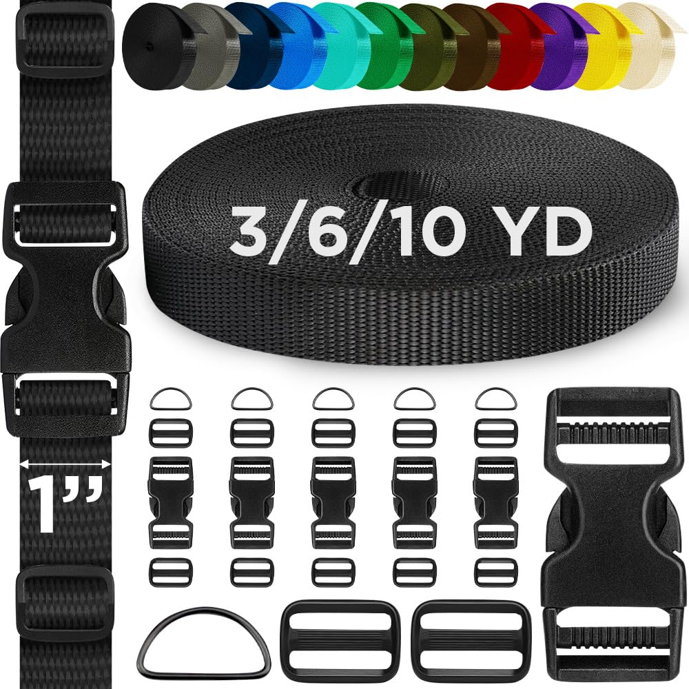 TECEUM Buckles & Strap Kit – 1" Black Nylon Webbing 6 (yd) – 6 Heavy Duty Adjustable Plastic Buckles – 12 Tri-Glide Slide Clips – 6 Metal D-Ring – Ideal Straps for Arts Crafts Outdoors Indoors DIY