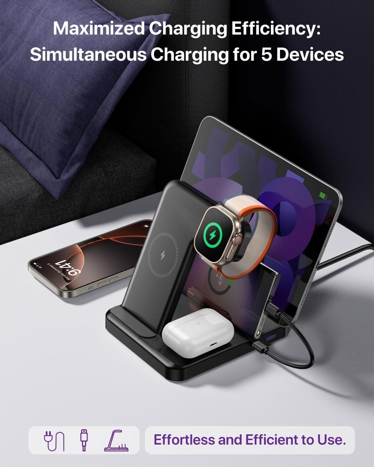 Caxdon Multiple Devices Charging Station, 5-in-1 Charging Station for iPhone 17 Pro Max/Pro/16/15/14/13/12, iPad Pro/Air/Mini, Apple Watch and Airpods,Wireless Charging Dock(G805) (Black)