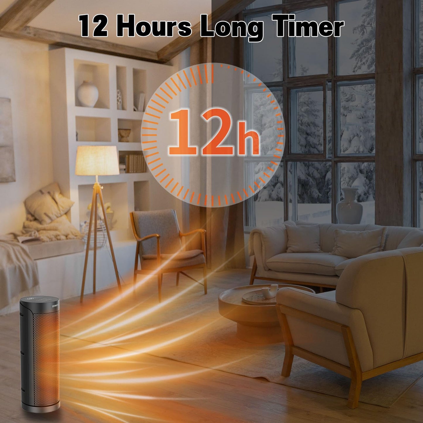 Portable Space Heater for Indoor Use with Remote - QOWETU 70° Oscillating Electric Heater, 17 Inchs, 12H Timer, 1500W Quiet PTC Ceramic Heating with Thermostat, Fast Safety Heat for Home, Bedroom
