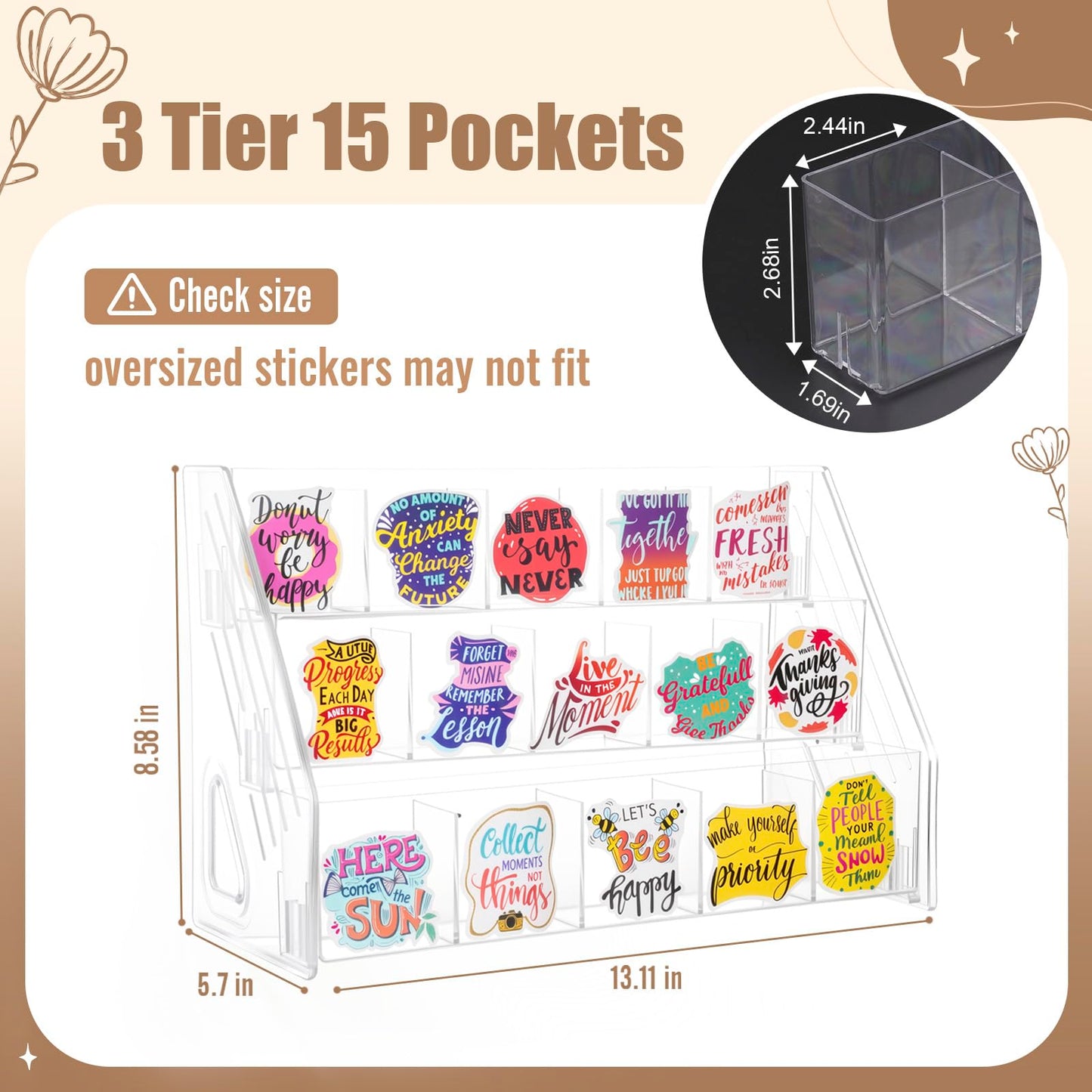 TrendTrust Acrylic Sticker Display Stand with Divided Pockets, Portable Bookmark Holder Tiered Display Stand, Clear Desk Organizer for Home, Retail or Craft Fair Use(15 Pockets, 3 Tier)