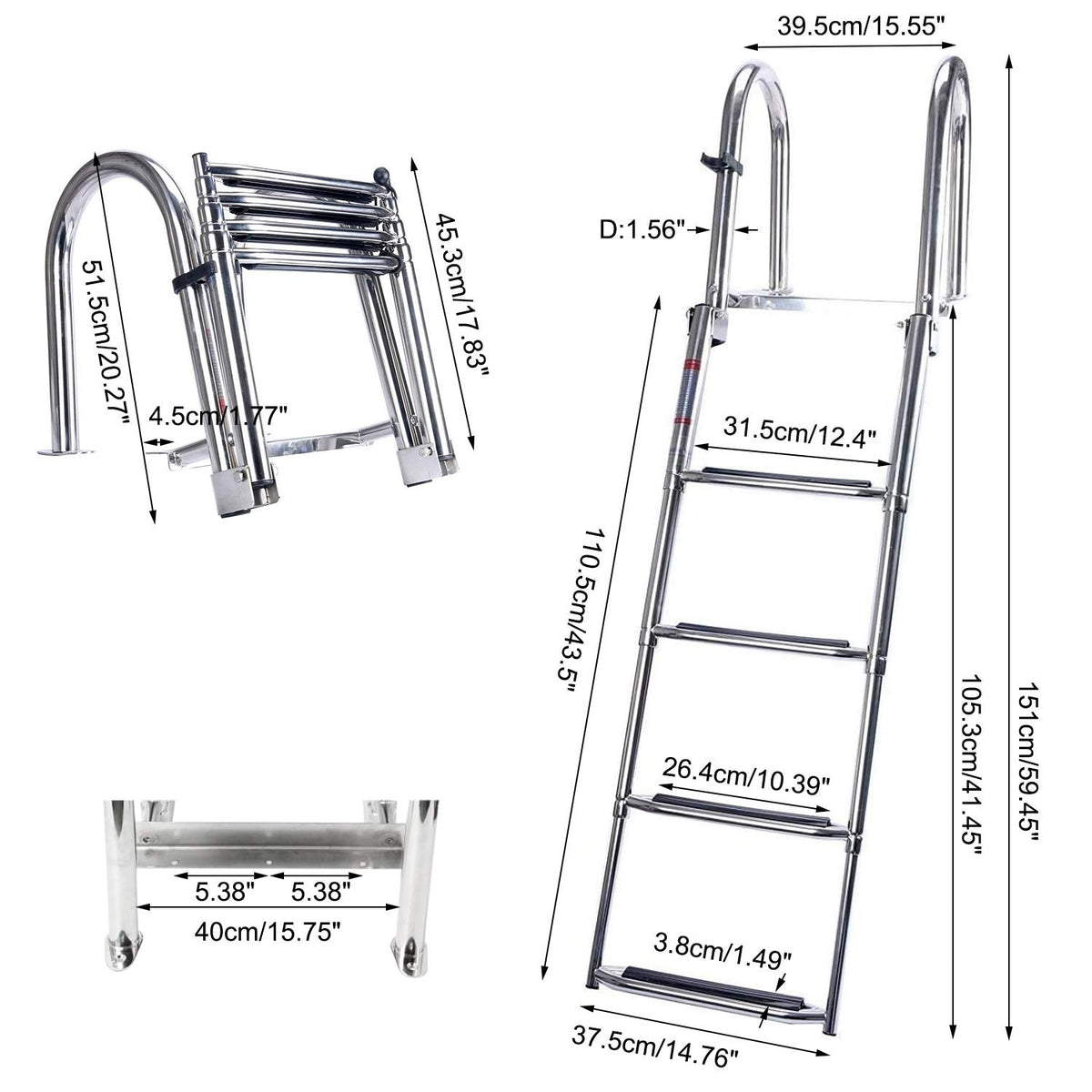 Amarine Made Boat Ladder 4 Steps Removable Premium Stainless Folding Rear Entry Pontoon Boat Ladder w/Extra Wide Step