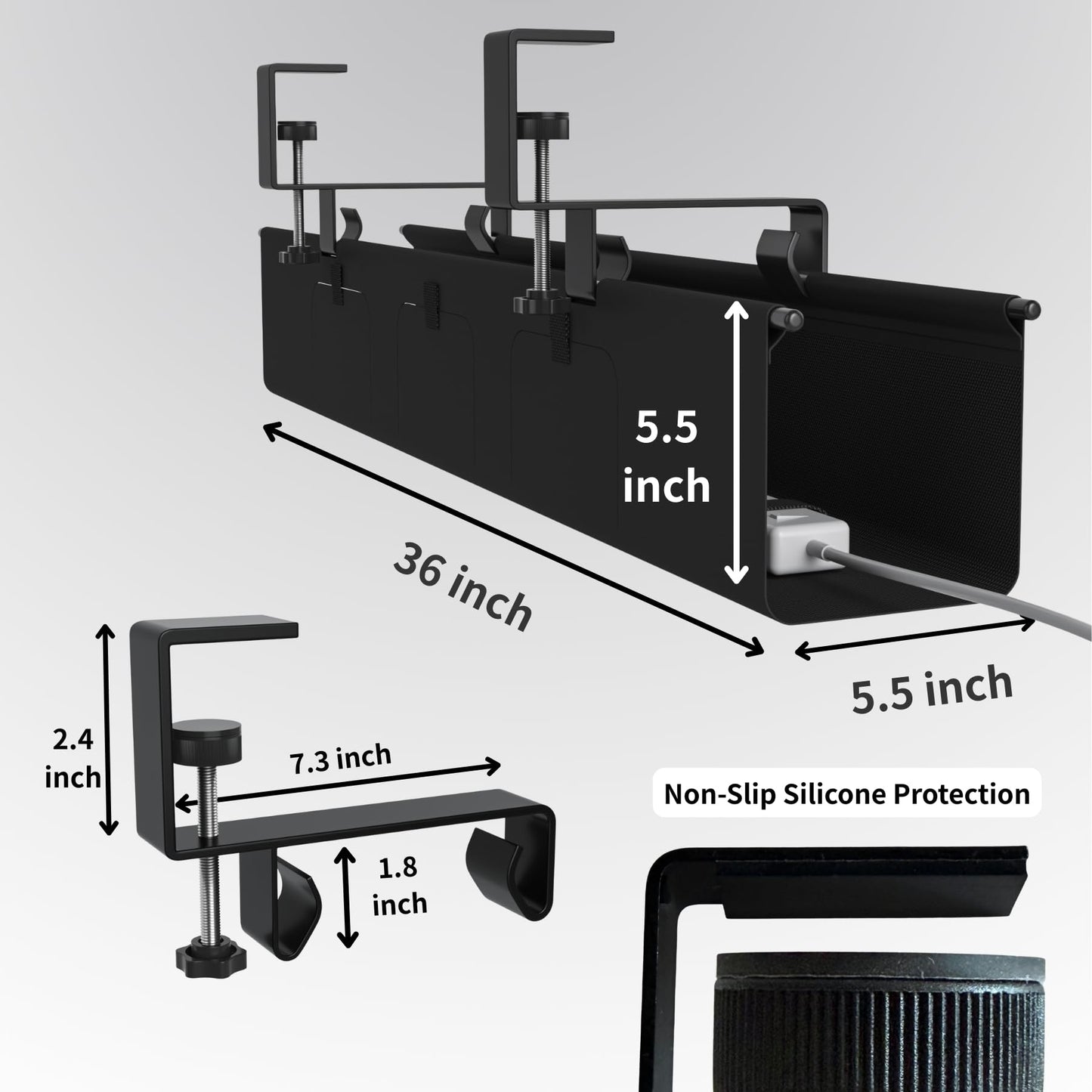 Nyoria Under Desk Cable Management Tray, 36” Fabric No Drill Clamp Mount Cord Organizer for Desk, Heavy Duty Wire Management for Office Home, Black