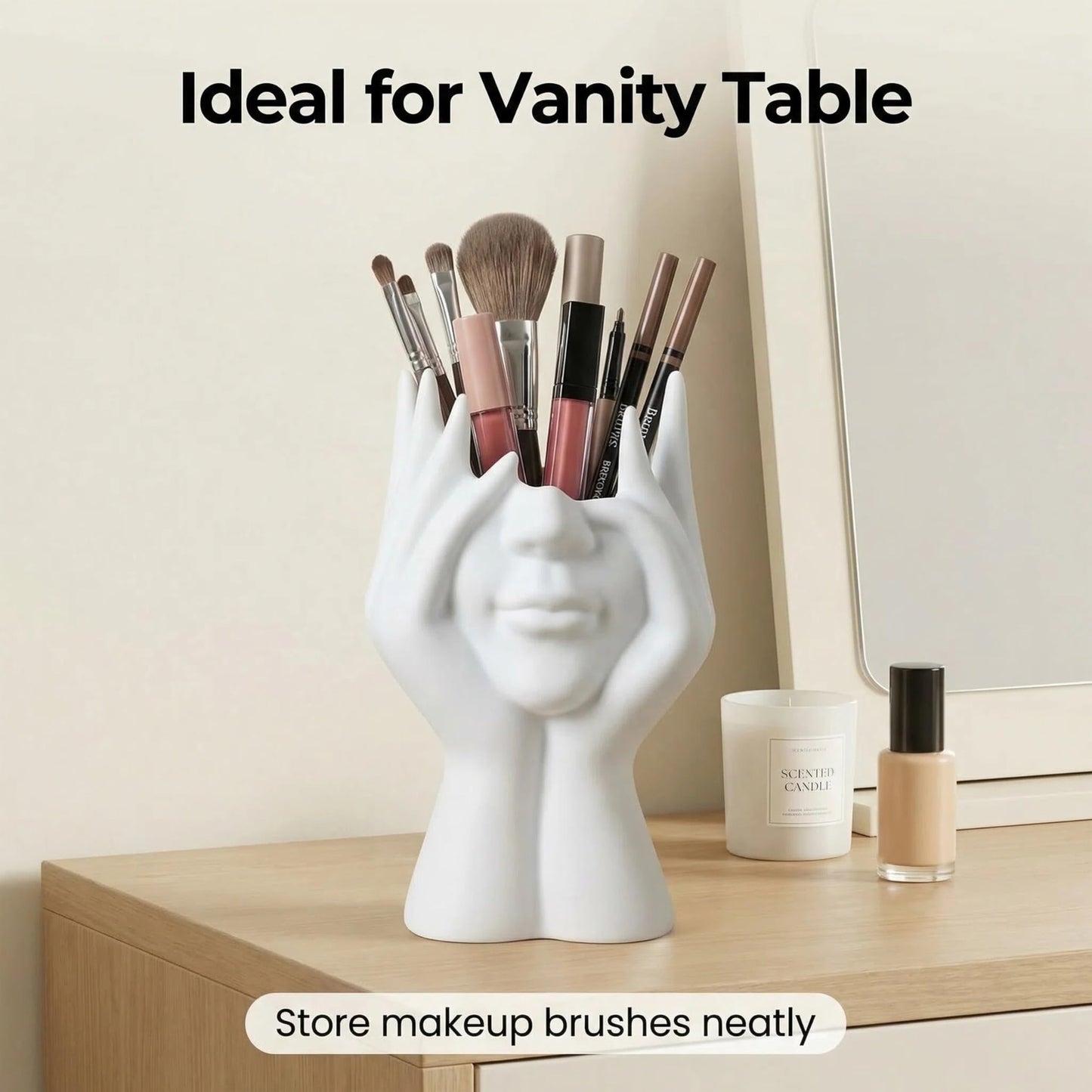 Abstract Human Body Art Tabletop Sculpture Makeup Brush Holder & Office Desk Pen Holder, Multi-Use Home Office Desk Decor, White Face Figurine Gift for Women Men