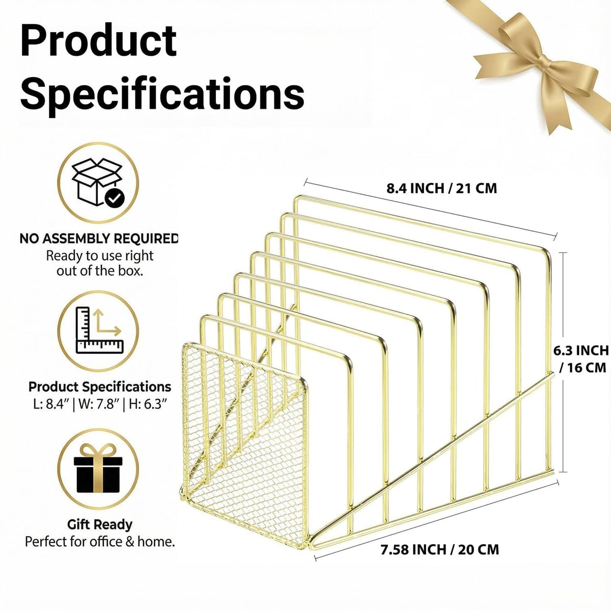 Simmer Stone Gold Desk Organizer 7 Slot Inclined Vertical File Folder Holder Sorter with Mesh Front Metal Wire Rack for Mail, Slim Binders, Books Office Organization Desktop Accessories