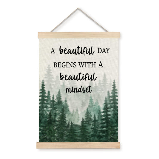Mindset Framed Canvas Wall Art - A Beautiful Day Begins with a Beautiful Mindset Hanging Canvas Wall Decor for Bedroom Office, Nature Forest Mountain Positive Hanging Poster, Inspirational Gifts for Women