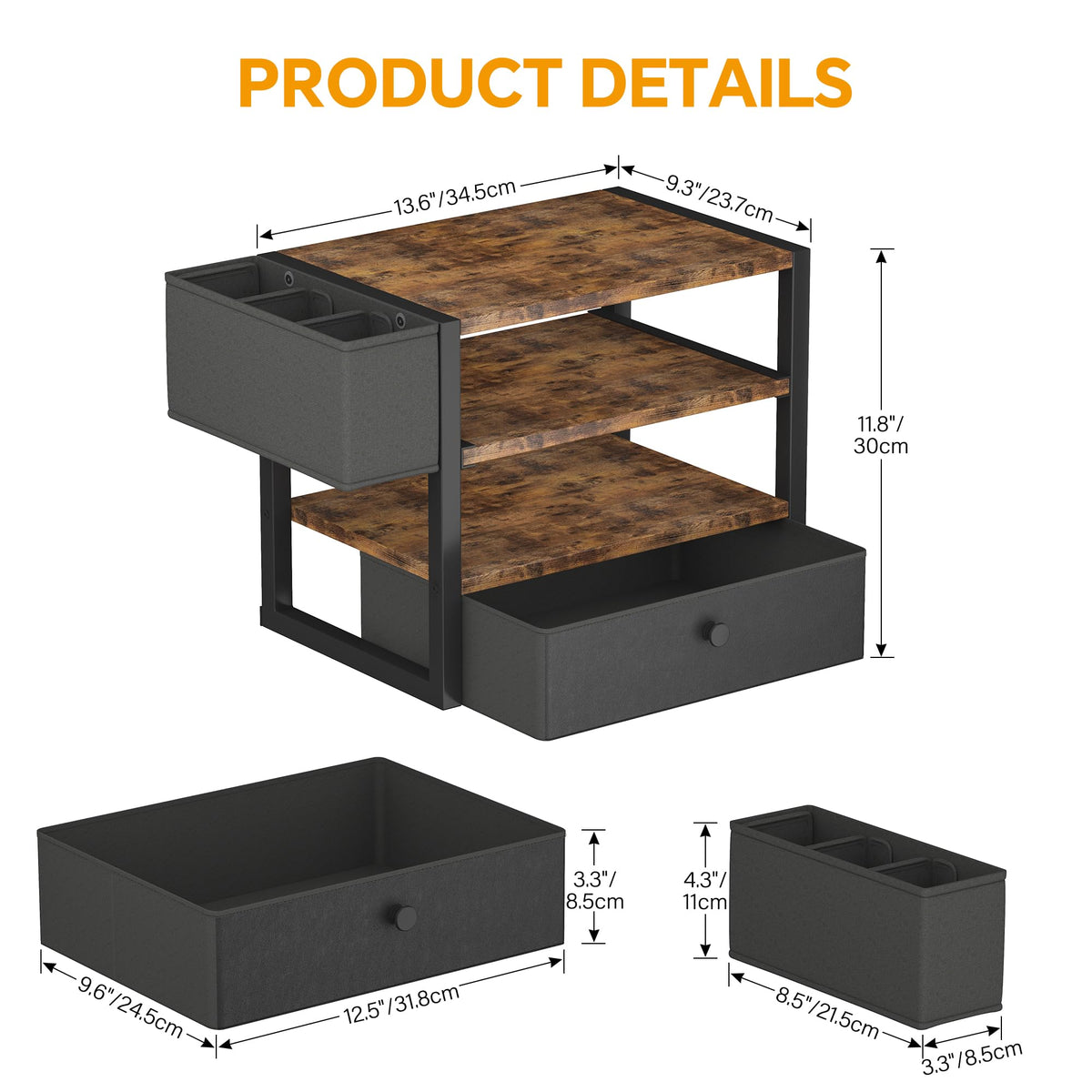 Desk Organizers and Accessories, 4-Tier Paper Letter Tray File Organizer with Fabric Drawer & 3 Pen Holder, Office Desk Accessories Workspace Desktop Organizer for Office Supplies, Rustic Brown