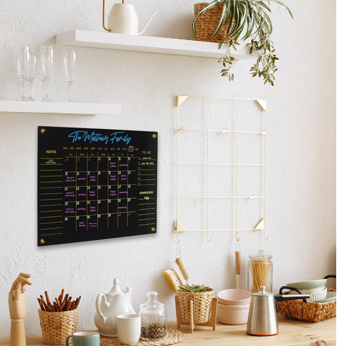 Black Acrylic Calendar Dry Erase for Wall, Family Planner, Monthly Calendar Dry Erase Whiteboard for Home, Office, 17" x 13"Reusable White Board(Acrylic-BK-3343)