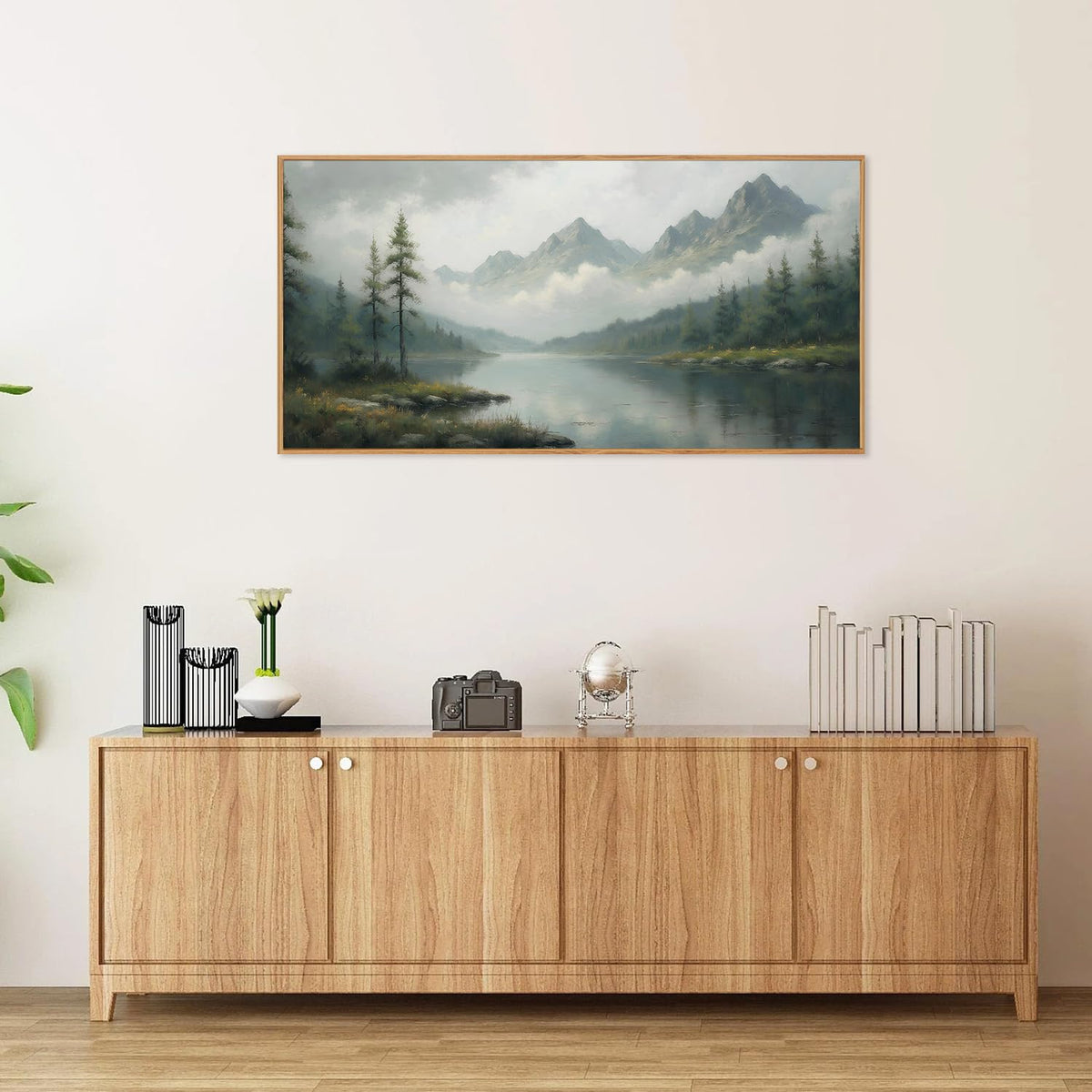 SIGNINART Large Green Forest Framed Canvas Wall Art, Misty Mountain Lake Wall Decor, Modern Foggy Wood Landscape Artwork, Nature Oil Painting Art Print for Living Room, Bedroom, Office 20"x40"