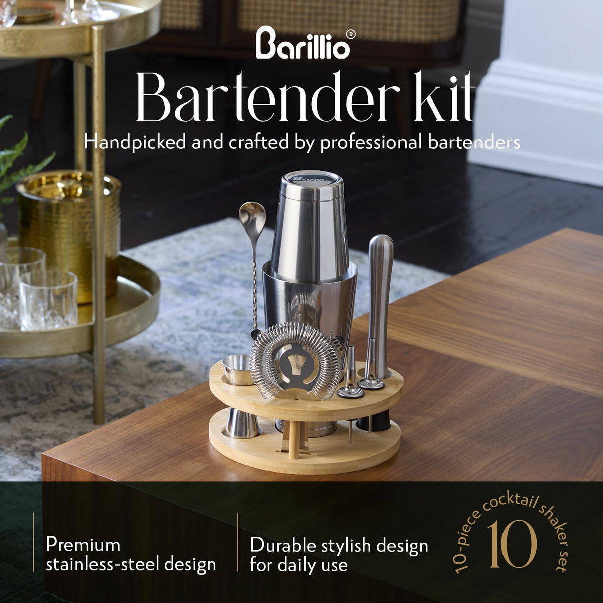 Barillio Elite Mixology Bartender Kit with Stand - Cocktail Shaker Set with Bamboo Stand, Boston Drink Shaker, Mojito Muddler, and Drink Mixer Spoon - 9-Piece Bar Tools Set - Bar Accessories for Home