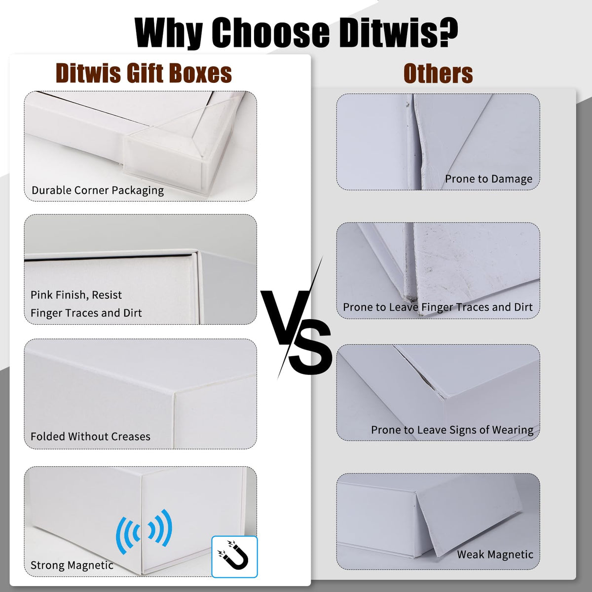 Ditwis 4 Pack 8x6x4 Inches Gift Boxes with Magnetic Closure Lids, White Magnetic Box for Wedding, Groomsmen Bridesmaid Proposal, Birthdays, Mother's Day