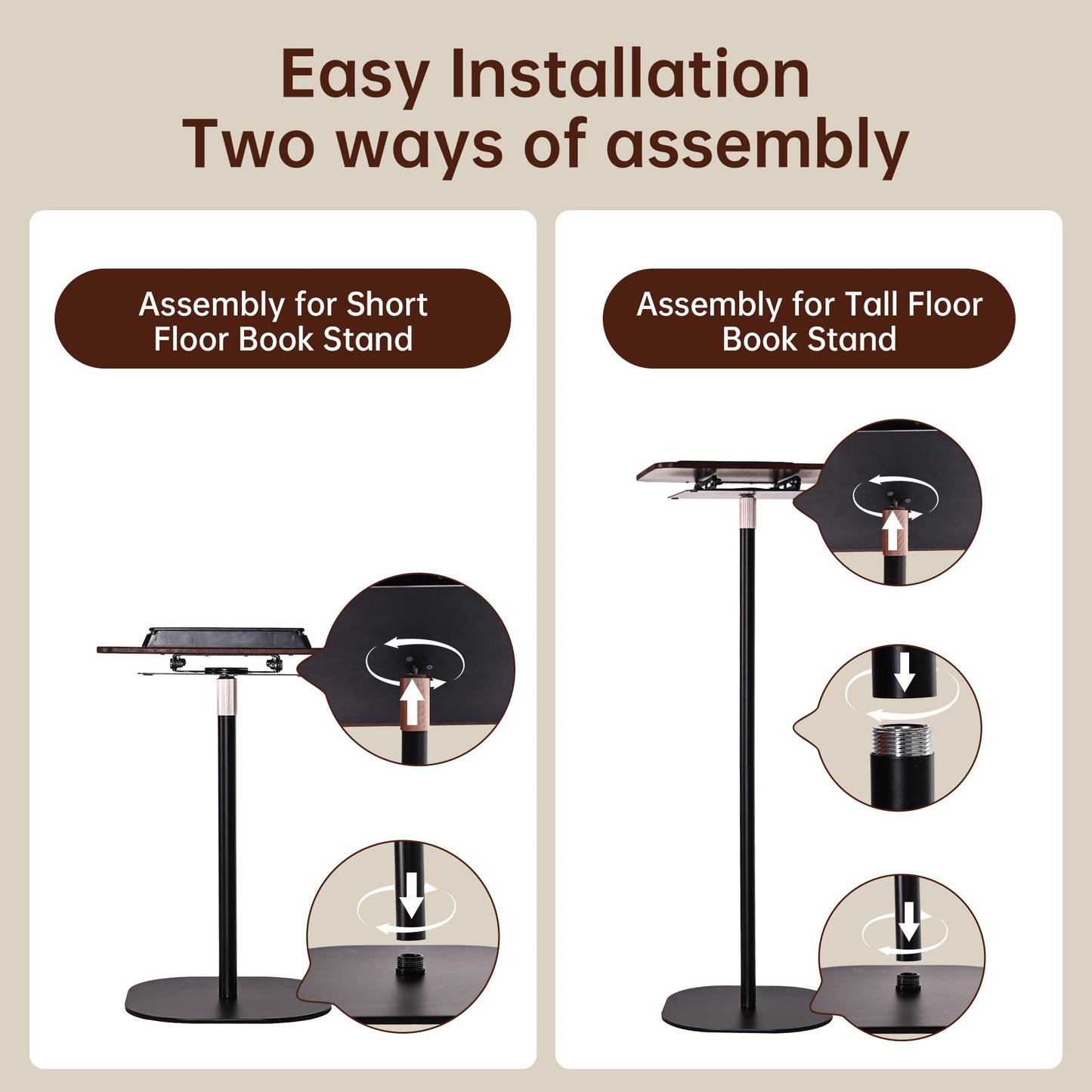 2-in-1 Floor & Desktop Book Stand, Dual-Use Height Adjustable 19"-62.2", Reading Stand Holder with 360° Rotating Base & Page Clips for Music Sheet, Laptop, Podium, Cookbook, Projector, 100% Solid Wood