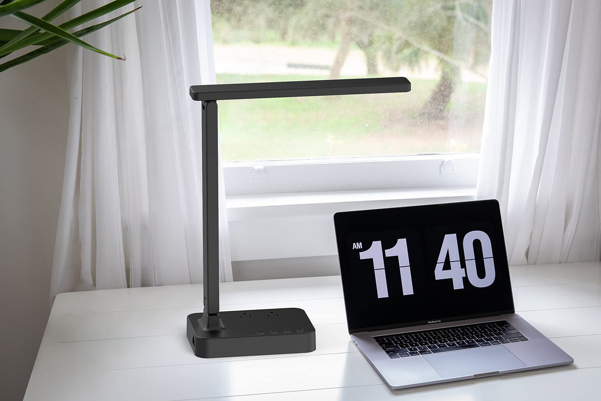 Drevet LED Desk lamp with USB C Charging Port, Table Light with 3 USB Charger and 2 AC Power Outlet, 3 Color Model, 3 Level Brightness, Touch Control, Memory Function, Eye-Caring Office Foldable Lamp