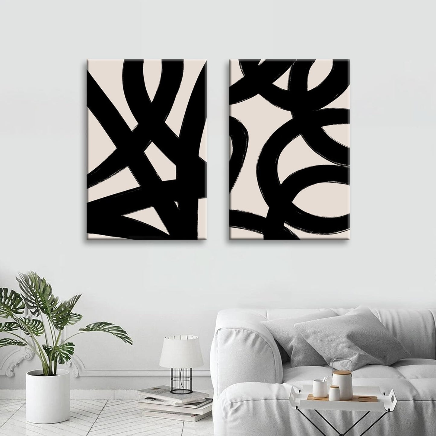 Framed Abstract Wall Art Canvas Set Lines Pictures Modern Mid Century Boho Wall Decor Minimalist Abstract Black Stroke Lines Canvas Painting Artwork Living Room Bedroom Home Office 12"x16"x2