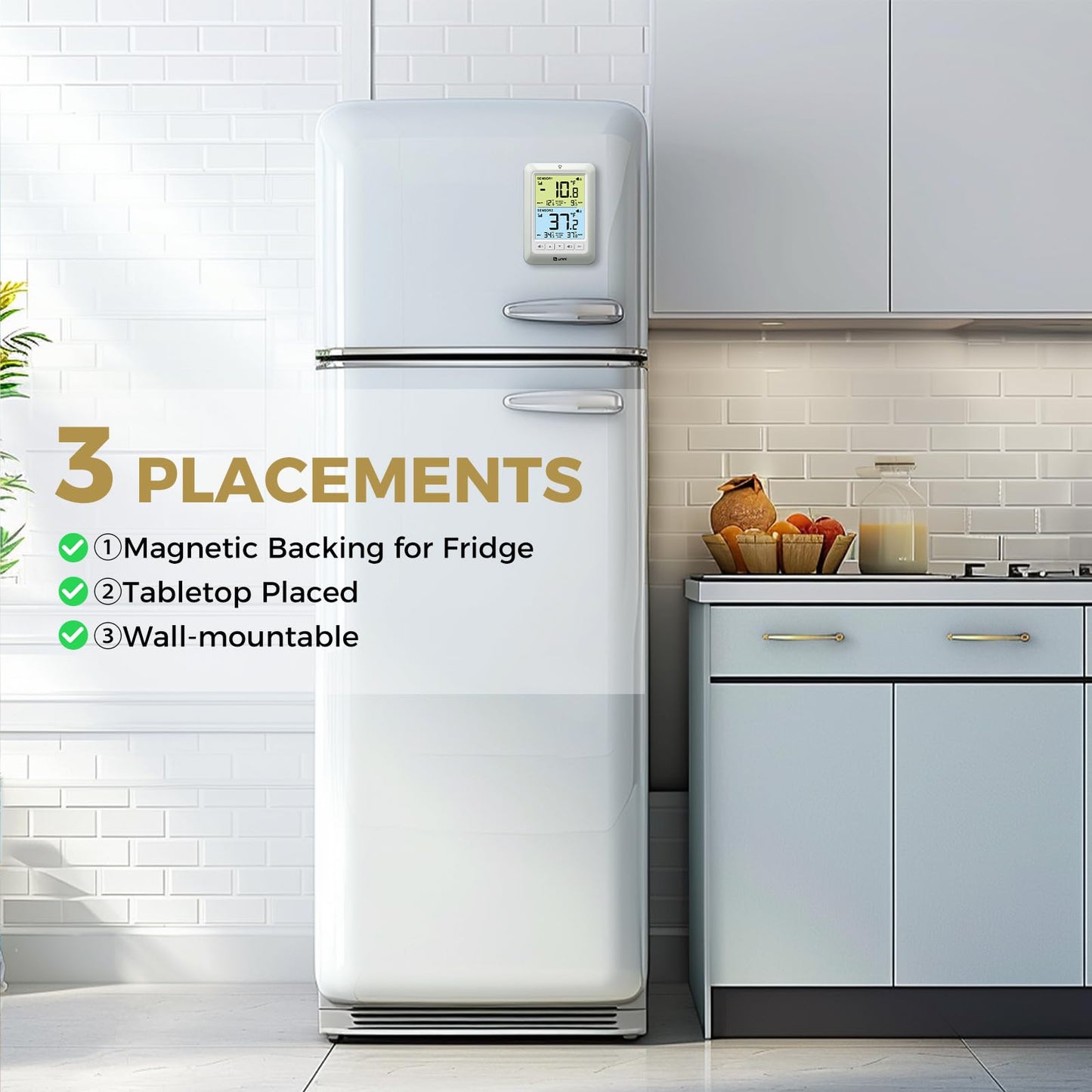 U UNNI Refrigerator Thermometer with Alarm, Digital Wireless Fridge and Freezer Thermometer, Max Min Temperature Records with Magnetic & Stand Options for Home Restaurant