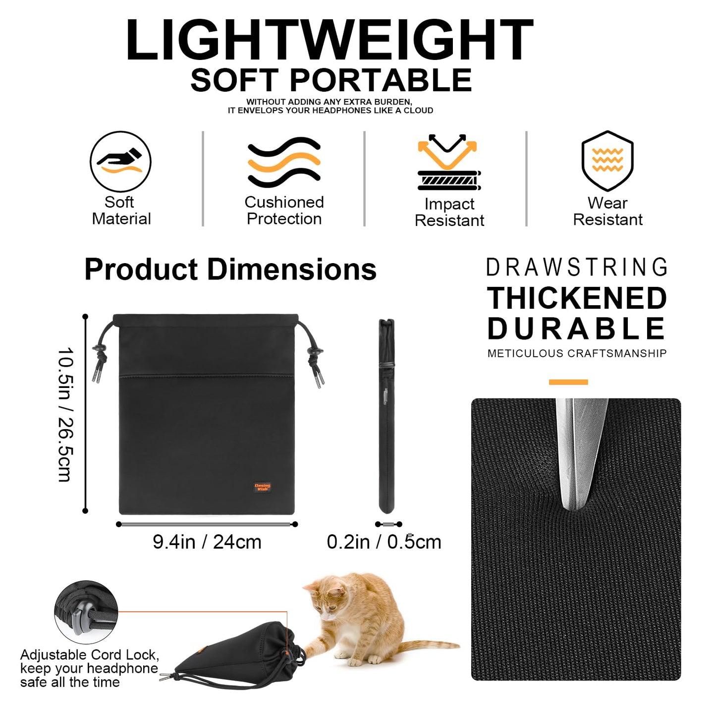 Desing Wish Lightweight Headphone Storage Bag, Portable Headset Carrying Pouch Headphone Case Bag Soft Travel Pouch for Over-Ear Headphones/Gaming Headsets/Neckband Earbuds (Large Black)