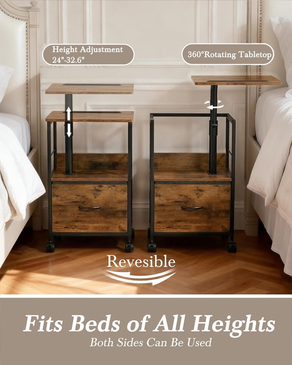 Faesun Swivel Lift Top Nightstand, Rolling Side Table for Recliner, Bedside Table with Wheels & a Fabric Drawer, for Small Spaces, for Bedroom, Living Room, Brown