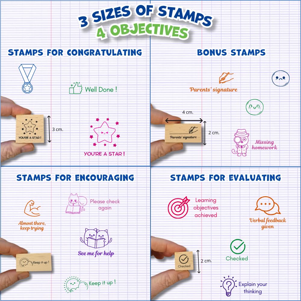 Teacher Stamps for Classroom Grading – Grading Stamp Set with Ink Pads & Stickers – Cute, Clear, Durable Feedback Stamps for Teachers – School Supplies for Elementary & ESL – Teacher Stationery