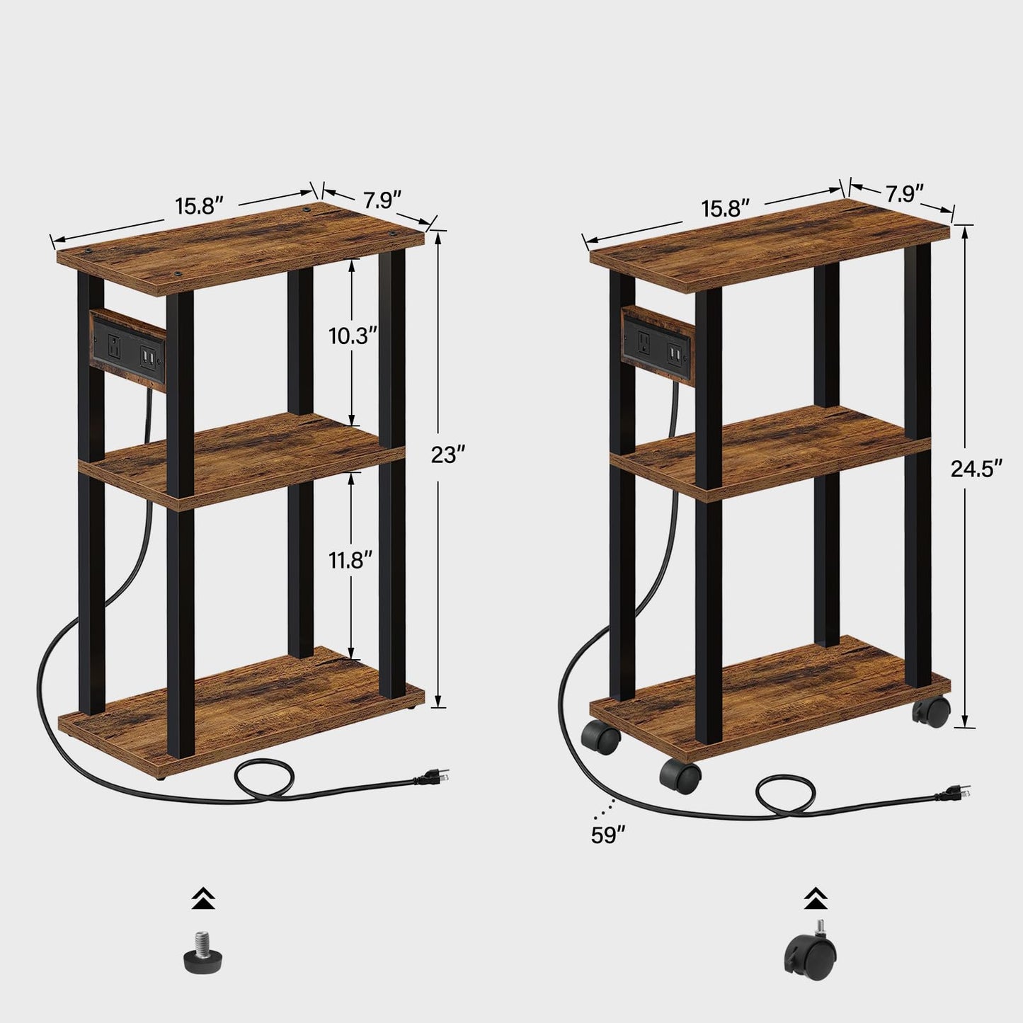 TUTOTAK Small Narrow Side Table with Charging Station, Skinny End Table for Small Spaces, Slim Nightstand with USB Ports and Outlet, Sofa Beside Table with Wheels, Brown TB01BB046