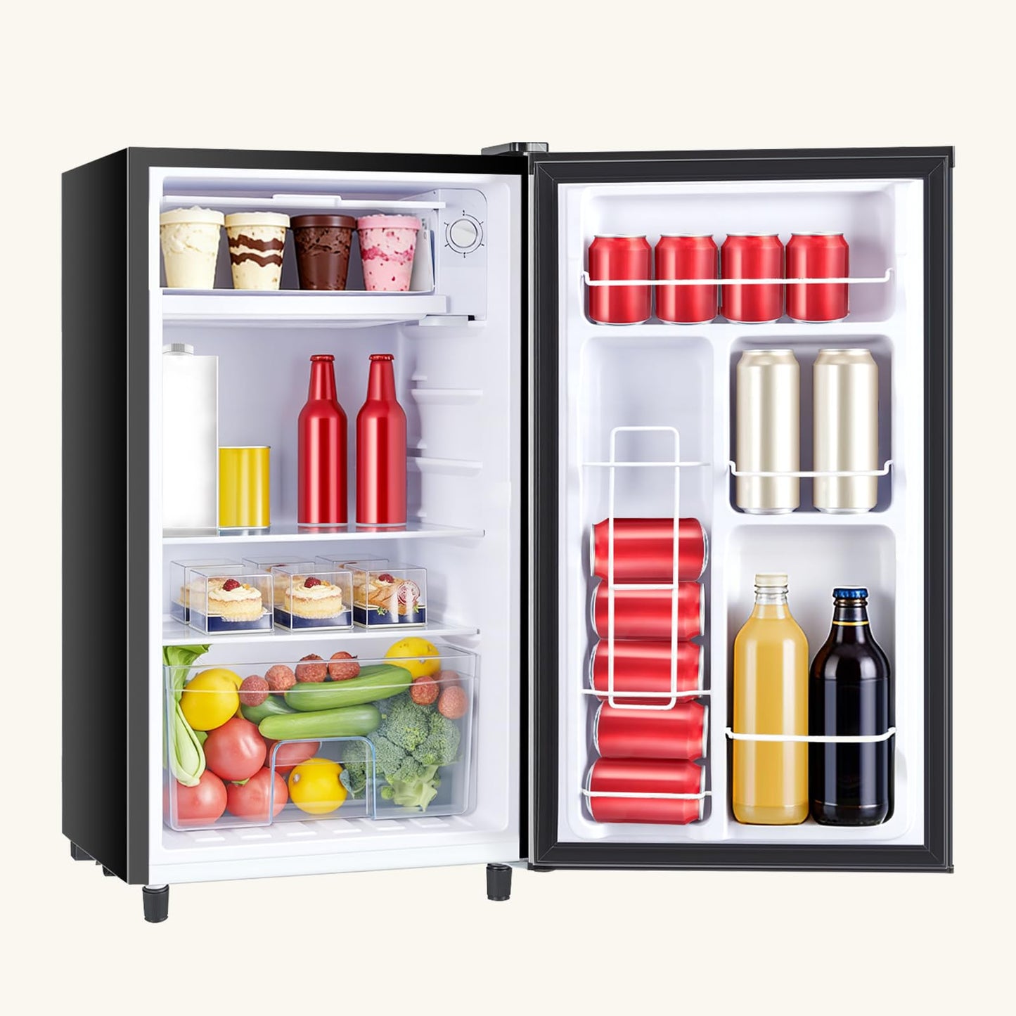 KMFurnila Mini Fridge with Freezer, 3.2 Cu.Ft Mini Refrigerators, Small Beverage Fridge with Adjustable Thermostat, for Bedroom, Office, Dorm, Single Door, Quiet & Energy Saving, Black