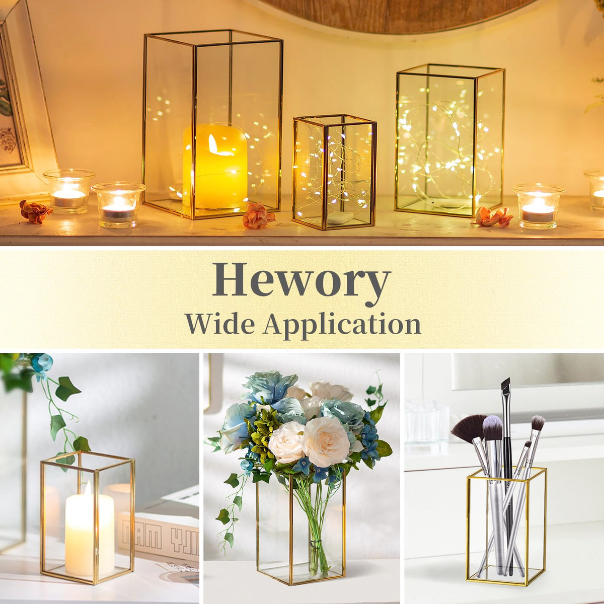 Glass Hurricane Candle Holder Large - Hewory 3pcs Gold Rectangle Flower Holders Centerpiece for Table, Tall Floor Square Pillar Candle Lantern for Wedding, Anniversary, Party, Fireplace, Dining Room