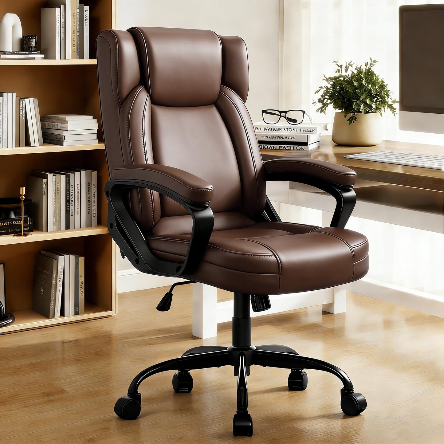 WAYTRIM Ergonomic Office Chair Home Office Desk Chair Comfy High Back Swivel Computer Chair Leather Managerial Executive Rolling Chair with Lumbar Support, Adjustable Height (Brown)