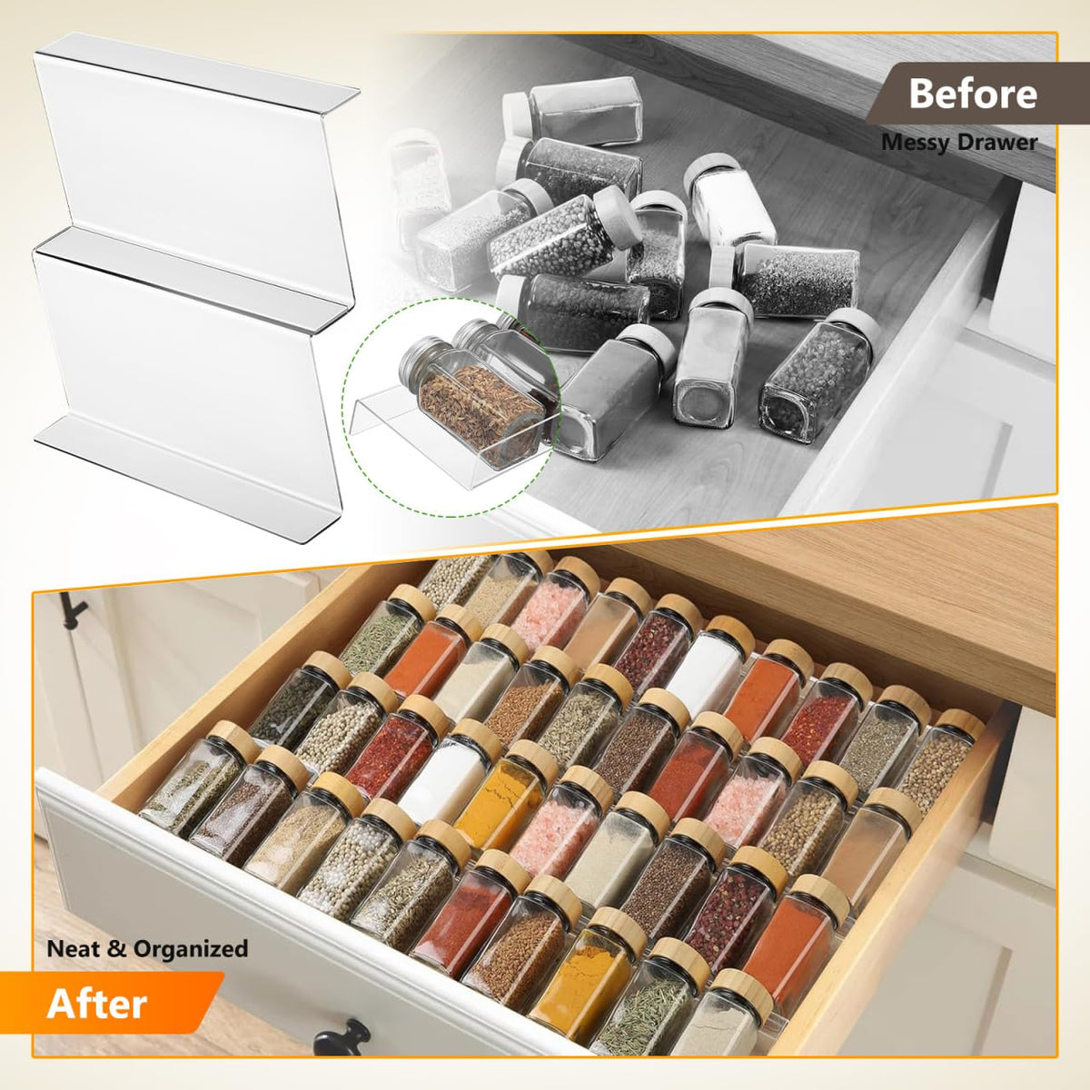 Cabilock 4 Pack Expandable Spice Drawer Organizer, Clear Acrylic Seasoning Rack for Kitchen Cabinet, 4-tier Tiered Tray Insert, Adjustable Wide Storage for Jars, Condiments & Nail Polish