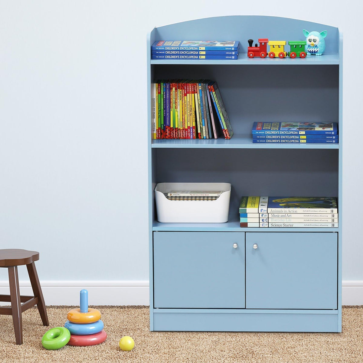 Furinno LOVA Book Shelf, Bookshelf with Storage Cabinet, Bookcase with Door, 11.8 x 23.6 x 37.3, for Living Reoom, Bedroom, Home Office, Light Blue
