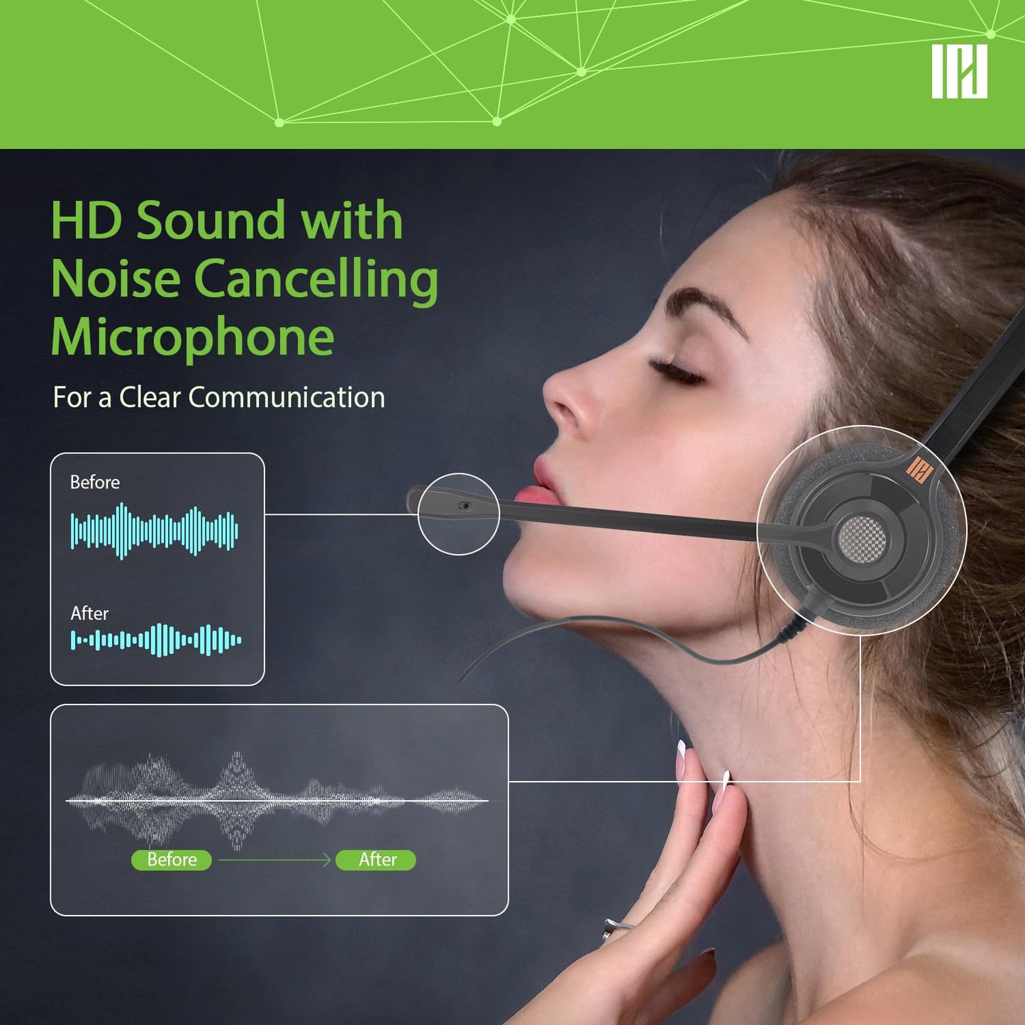IPD Phone Headset for Office and Call Center Wired QD to RJ9 IPH-215 Binaural-Compatible with with Yealink SIP, Grandsteam, Sangoma, +Ooma and LG landline Phones