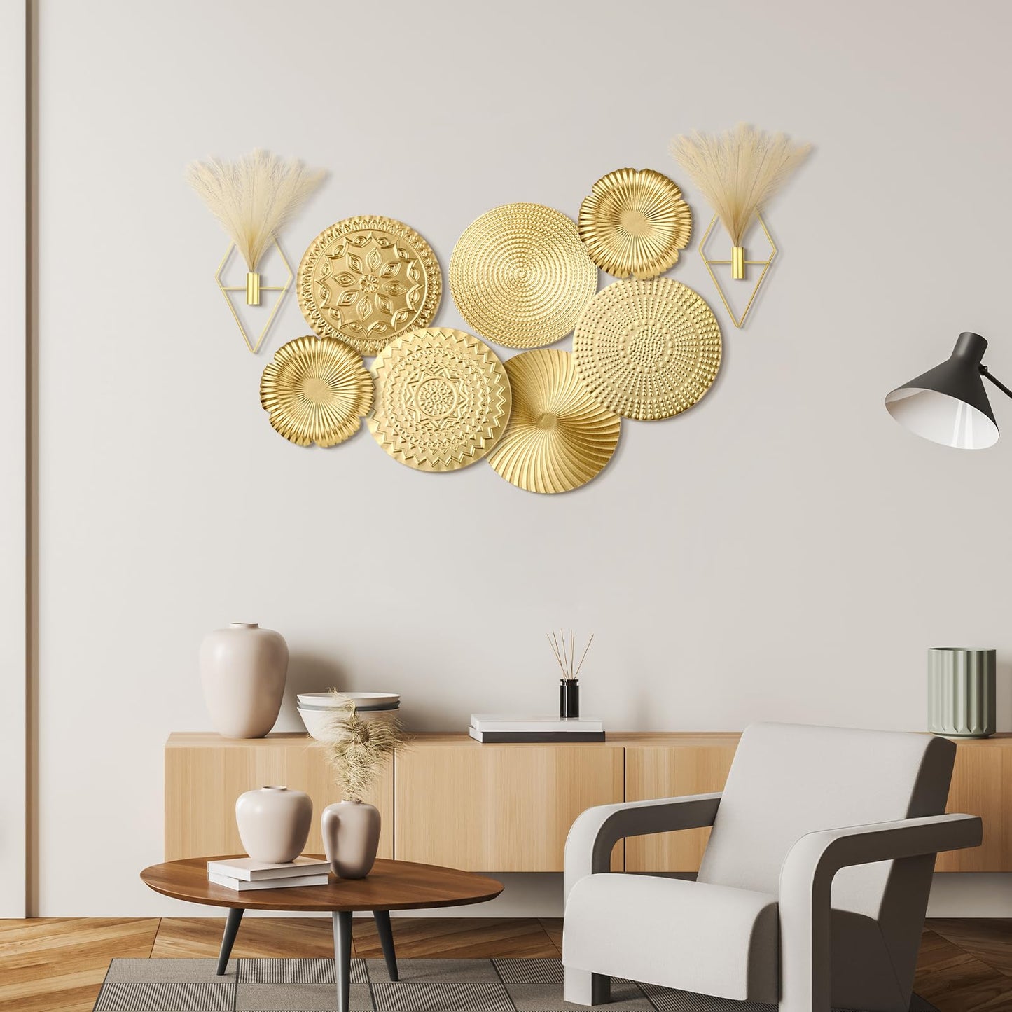 Wesiti 9 Pcs Gold Metal Wall Art Set Hanging Planters with Artificial Pampas Grass Modern Boho Wall Decor Set for Living Room Bedroom Bathroom Office