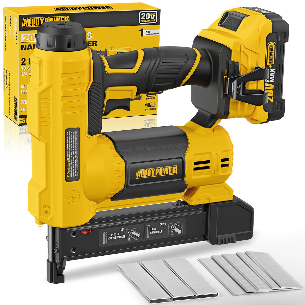 ALLOYPOWER 2 in 1 Cordless Brad Nailer/Electric Stapler with 2.0Ah Battery and Charger,1000pcs Nails and 500pcs Staples Included for Home Improvement & Woodworking