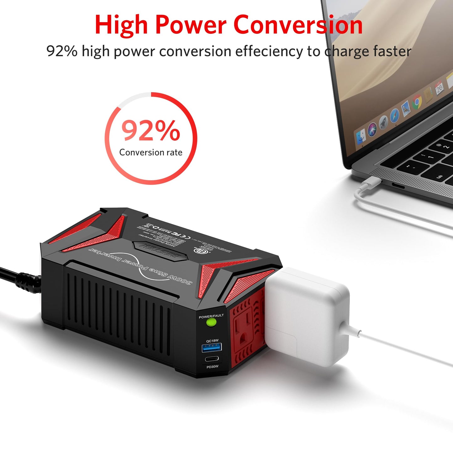 BESTEK 300W Pure Sine Wave Power Inverter - DC 12V to 110V AC Car Converter Plug Adapter Outlet with PD30W USB-C Fast Charger, Vehicle Cigarette Lighter Adapter for Laptop