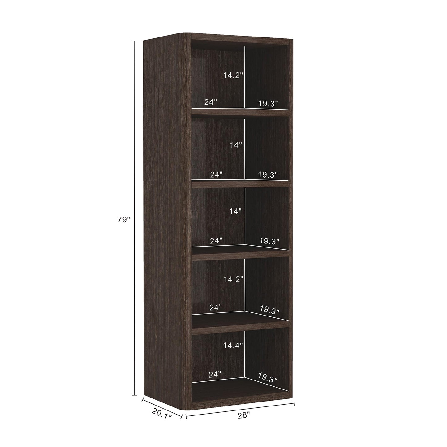 Manhattan Comfort Rivington 79" Tall Modern 5-Tier Bookcase, Open Shelving Storage Cabinet with Adjustable Shelves for Living Room or Home Office, Single Bookcase in Natural Oak
