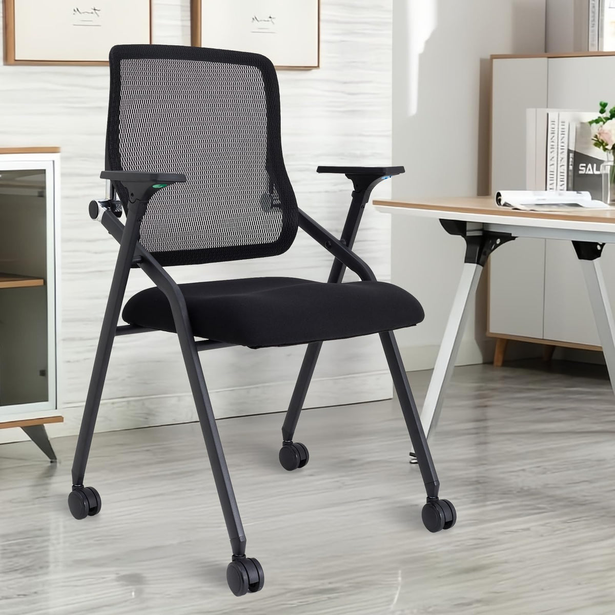BLANEDUO Updated Conference Room Chairs, Folding Office Desk Chair with Lumbar Support and Sliding Armrest with Casters, Stackable Office Guest Chairs & Reception Chairs, 1 Pack Black