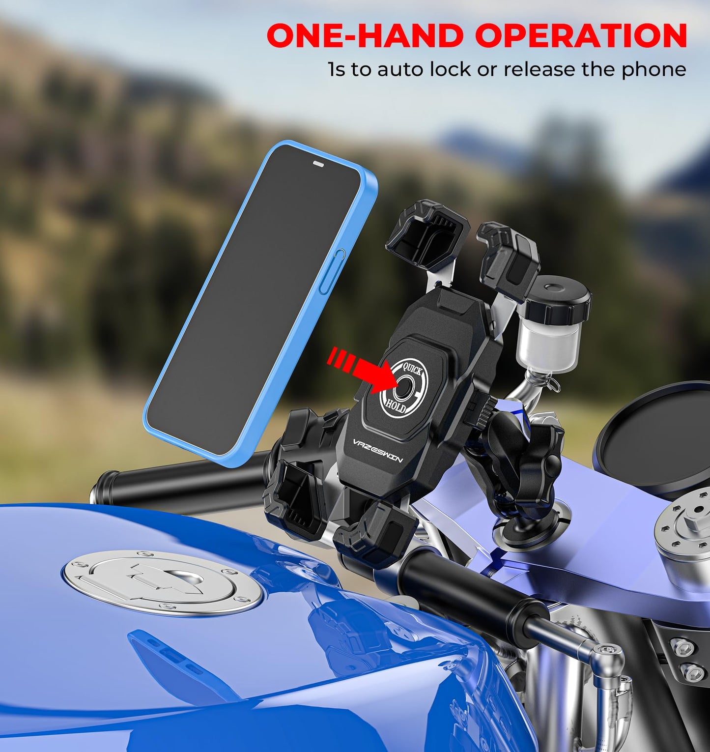 VAZESWIN Motorcycle Fork Stem Phone Mount, 1s Auto Lock & Release, Anti-Theft Motorcycle Phone Holder with Aluminum Alloy 1" Ball Short Arm, for 12-25.4mm Diameter Fork Stems, for 5.4"-7" Cellphones