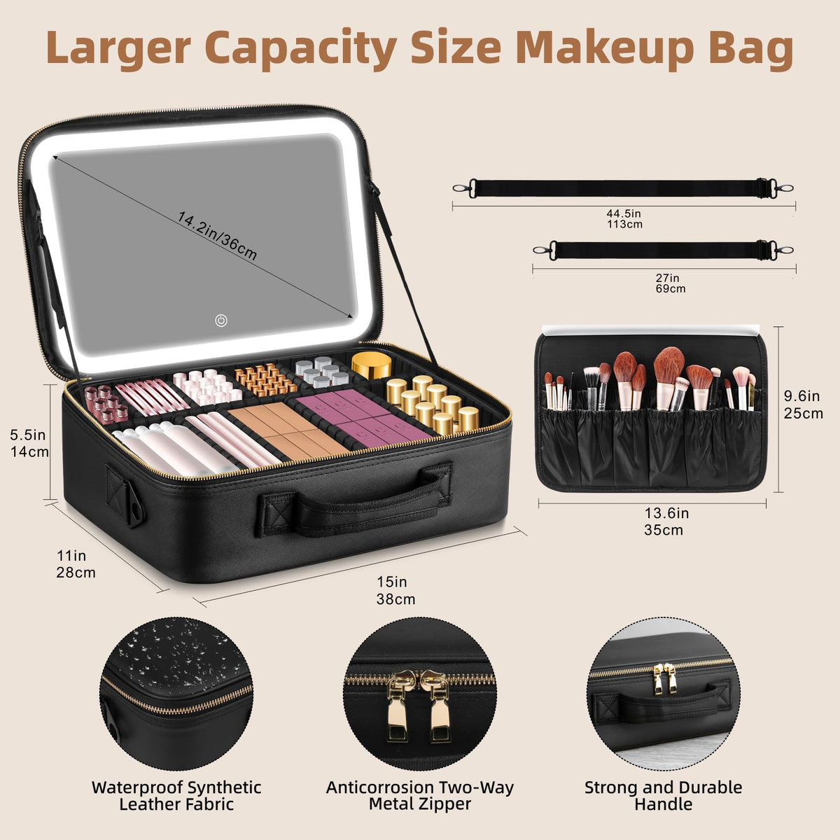 15''X11'' Large Capacity Makeup Bag with LED Mirror, Professional Makeup Case Organizer with 3 Color Light Adjustable Brightness, Travel Make up Cosmetic Case with Detachable Dividers & Shoulder Strap