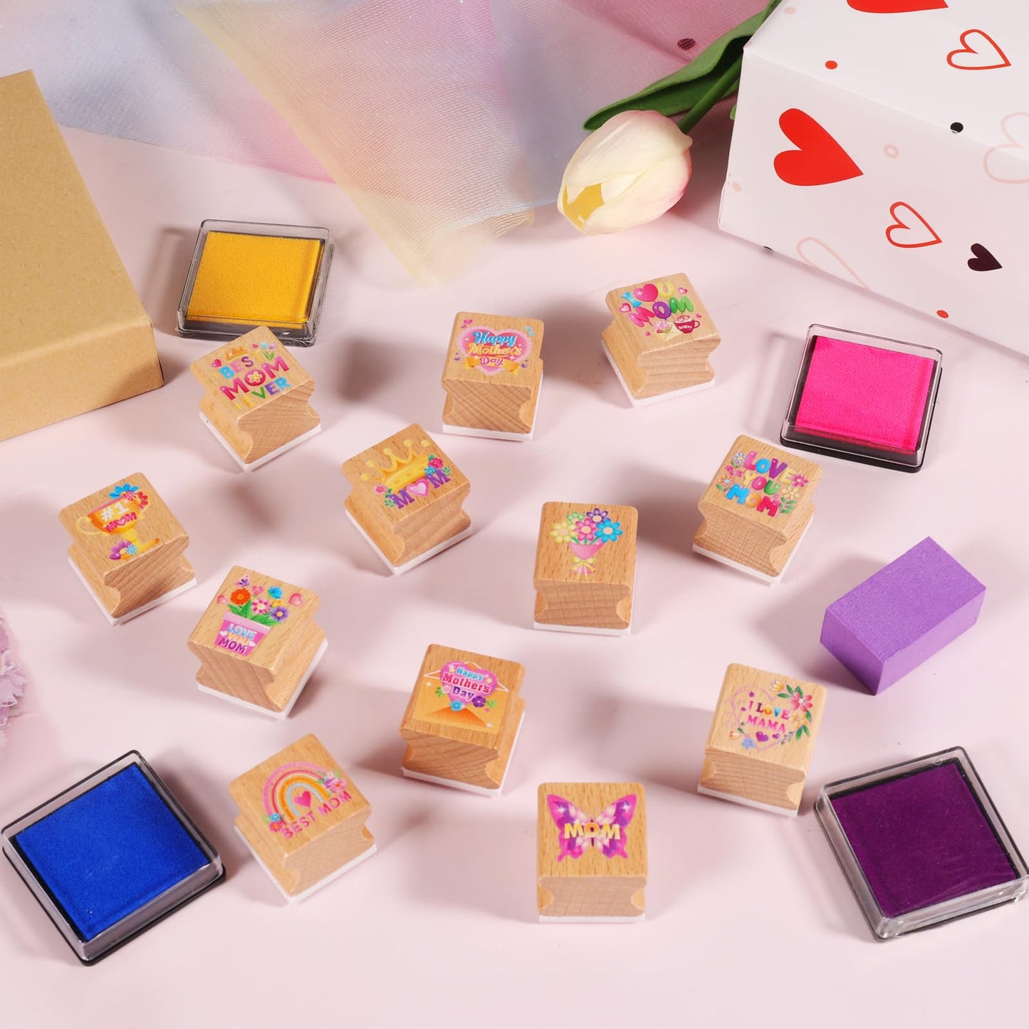 HOWAF 12pcs Mother's Day Wooden Stamps, Happy Mother's Day Rubber Stamps for Crafting, Best Mom Craft Inking Stamp Pads Set for Crafting and DIY Scrapbooking Card Making Hand Book