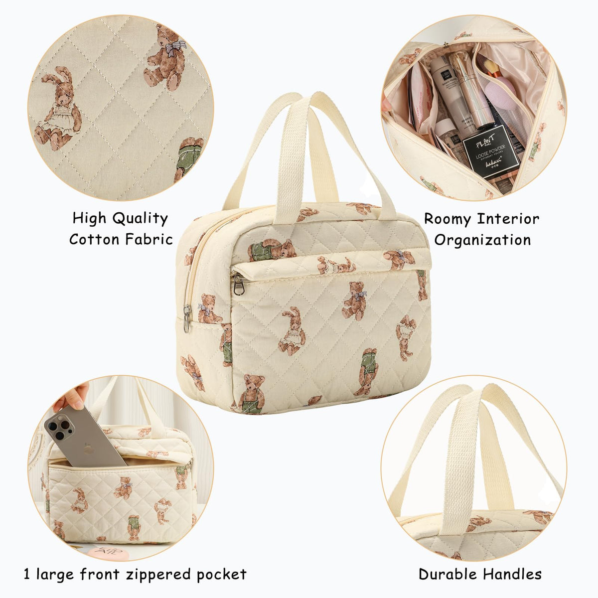 uekeboag Large Size Quilted Coquette Makeup Bag, Cute Preppy Floral Cotton Travel Cosmetic Organizer Bag with Top Handle, Multi-Layer Travel Toiletry Pouch for Girls (04Bear)