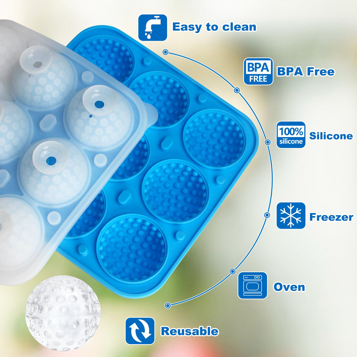 Sidosir 2" Large Golf Ice Cube Ball Silicone Molds with Lid, 9-Cavity 3D Golf Gifts Ball Ice Maker Mold for Whiskey and Cocktails