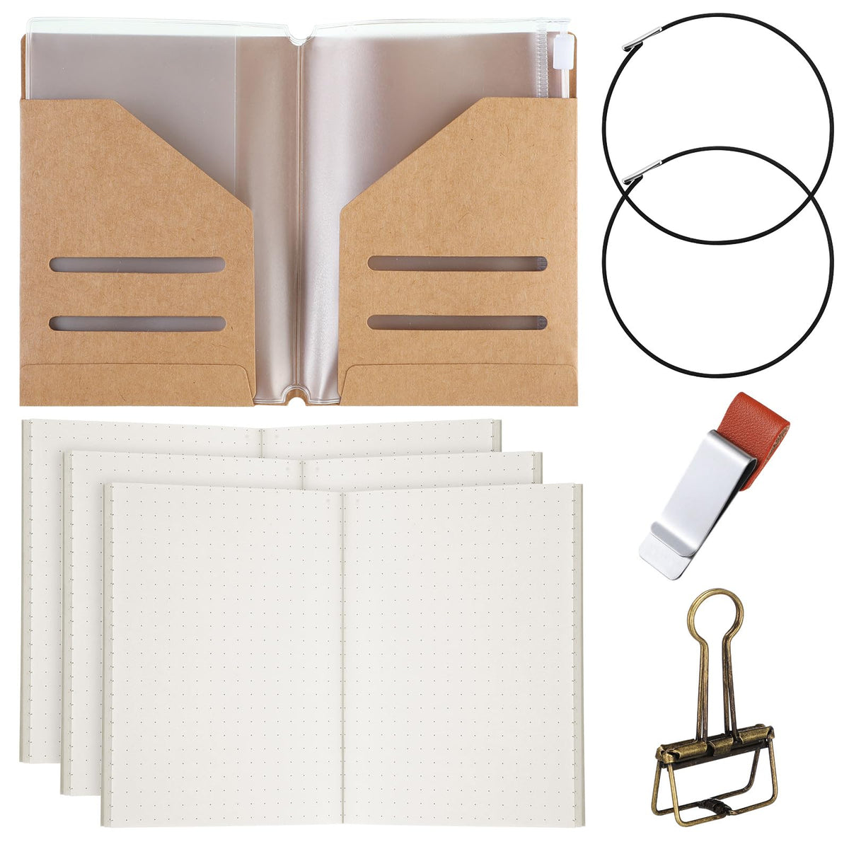 Thenshop Travelers Notebook Accessories Kit Include Dotted Passport Size Travelers Notebook Inserts, Travel Kraft File Folder, Zipper Case, Pen Holder, Binder Clip and Elastic Bands
