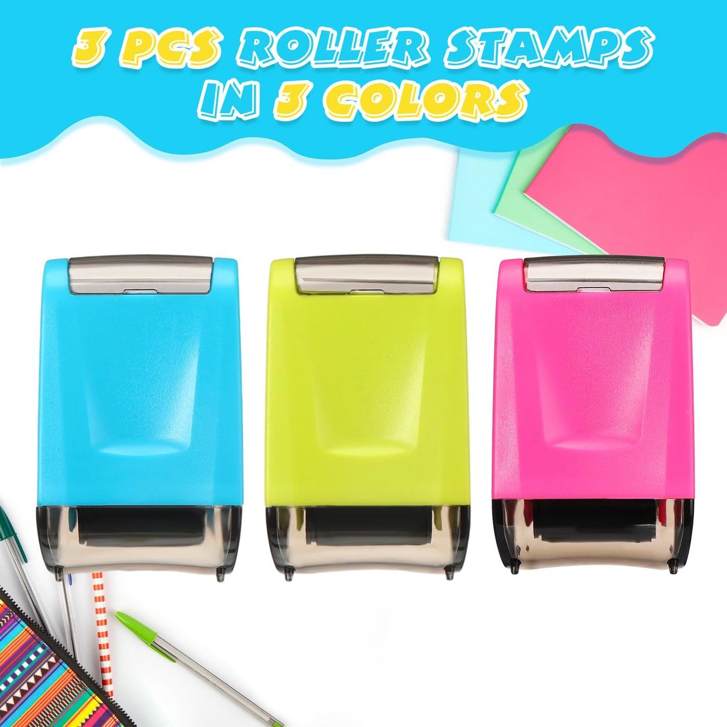 Teling 3 Pcs Dashed Handwriting Line Practice Roller Stamp Self Inking Line Rolling Stamps Teacher Stamp Sentence Strips Handwriting Practice for Kid Teacher Classroom Office (Blue, Green, Pink)
