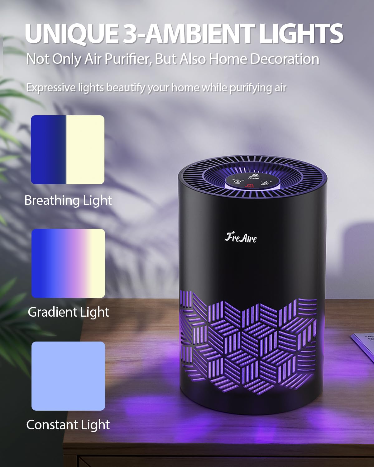 FreAire Air Purifiers for Bedroom Up to 1086 Ft², Air Purifiers for Home with Lights, HEPA Air Purifier Removes Dust Smoke Pollen Dander Smell, for Home/Pets/Bedroom