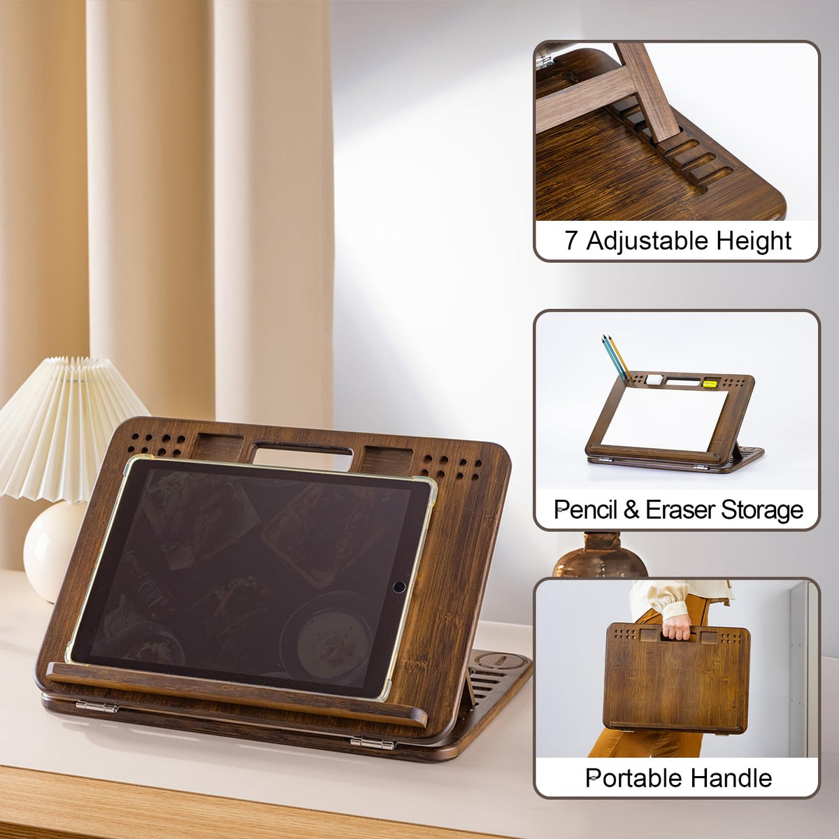 StrongTek 6-Position Bamboo Table Easel, 16x12 Inch Adjustable Drawing and Sketching Board with Built-in Handle and Back Storage, Portable Art and Lap Desk for Sketching, Reading, and Book Stand