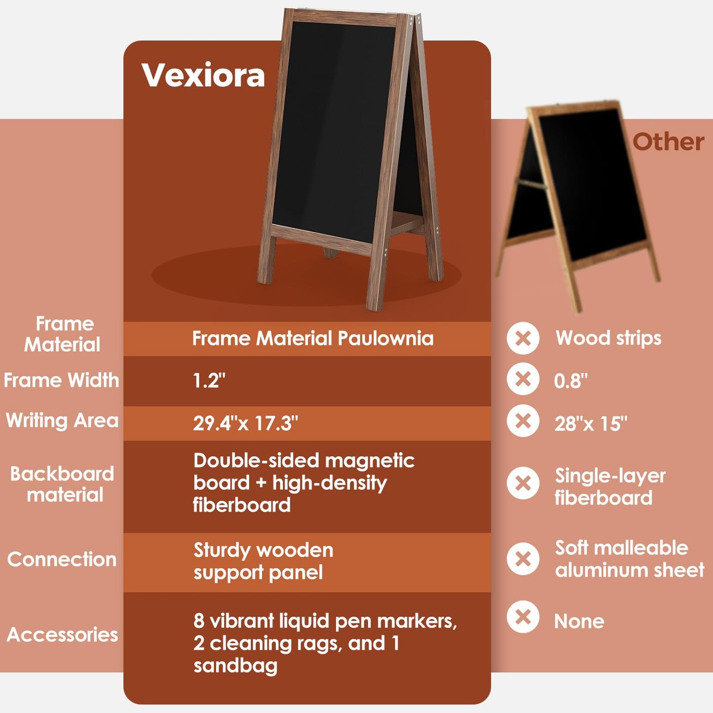 Vexiora Solid Wood A Frame Chalkboard Sign 40"x20", Magnetic Double Sided Sandwich Board, Upgraded Bottom Brace Stable Sidewalk Sign with 8 Liquid Chalk for Cafe Restaurant Wedding Home Business