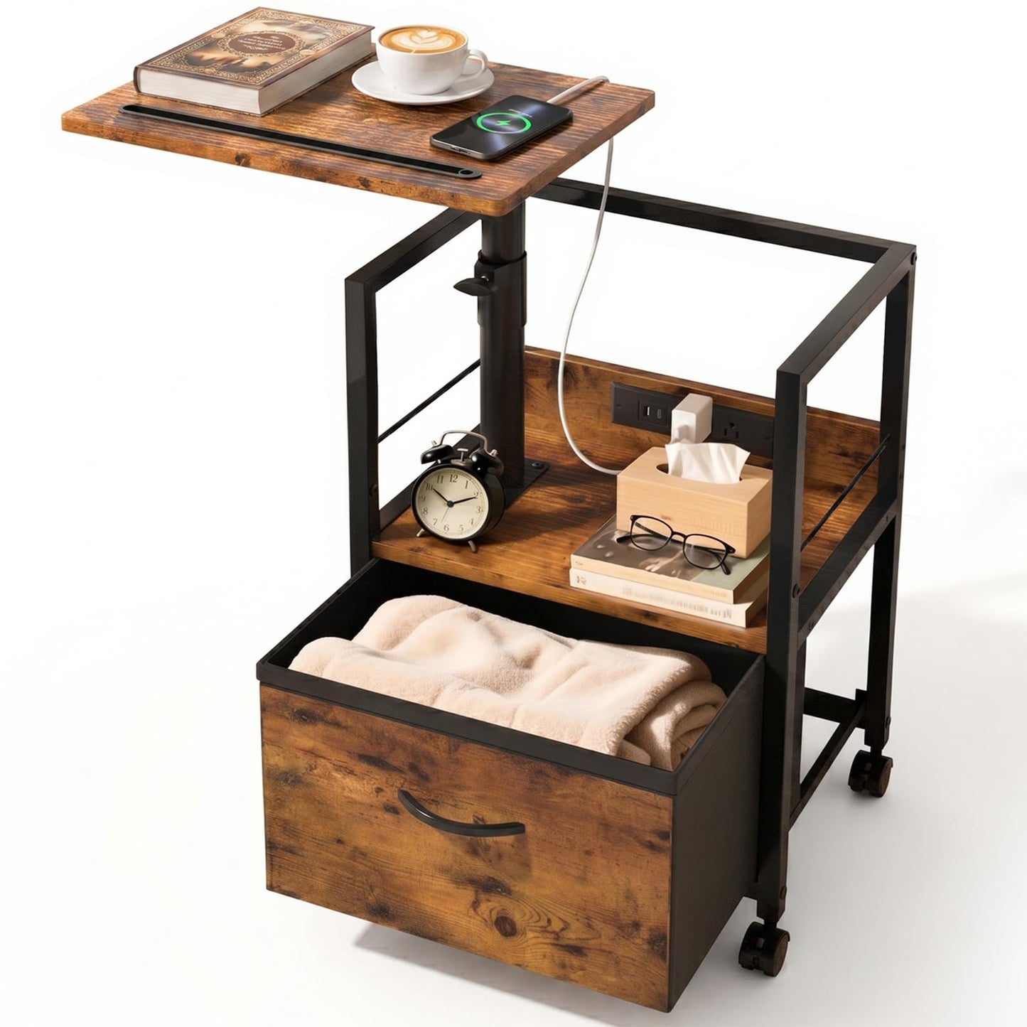 Faesun Swivel Lift Top Nightstand with Charging Station, Rolling Side Table for Recliner, Bedside Table with Wheels & a Fabric Drawer, for Small Spaces, for Bedroom, Living Room, Brown