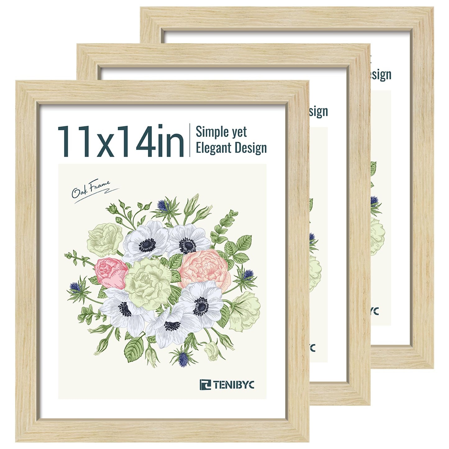 TENIBYC 11x14 Picture Frames Set - 3 Pack - Natural Oak Wood - Tempered Glass - for Wall Photos, Family Memories, Posters & Puzzles, Home Decor