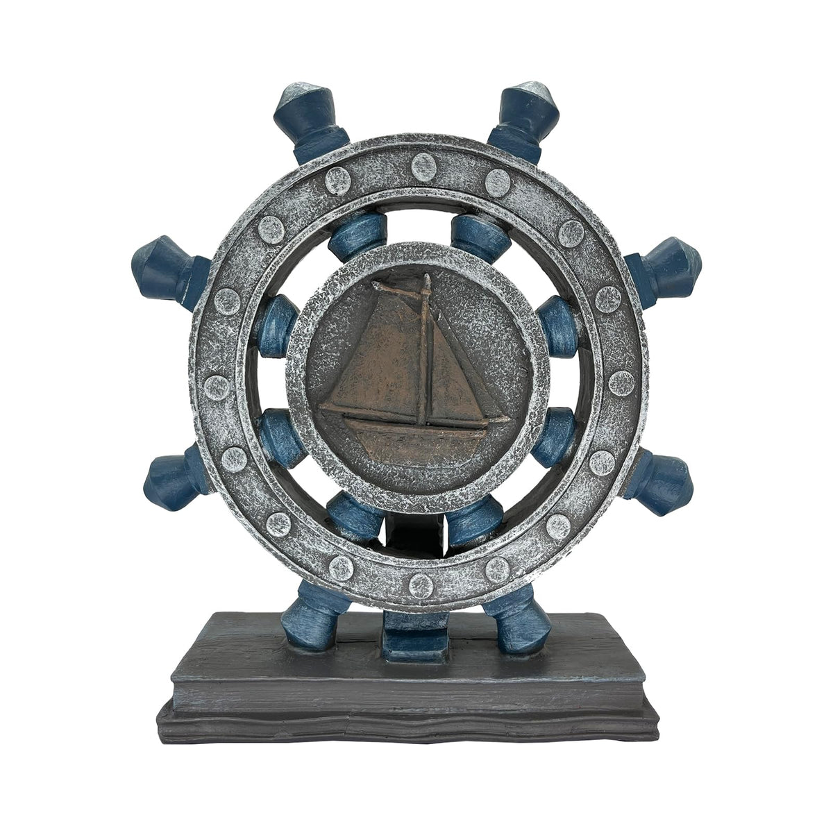 JTSTAN Nautical Decor Rudder-Figurine Mediterranean Style - Blue Boat Steering Model Resin Handicraft White Statue for Bookshelf Desktop Home Decoration
