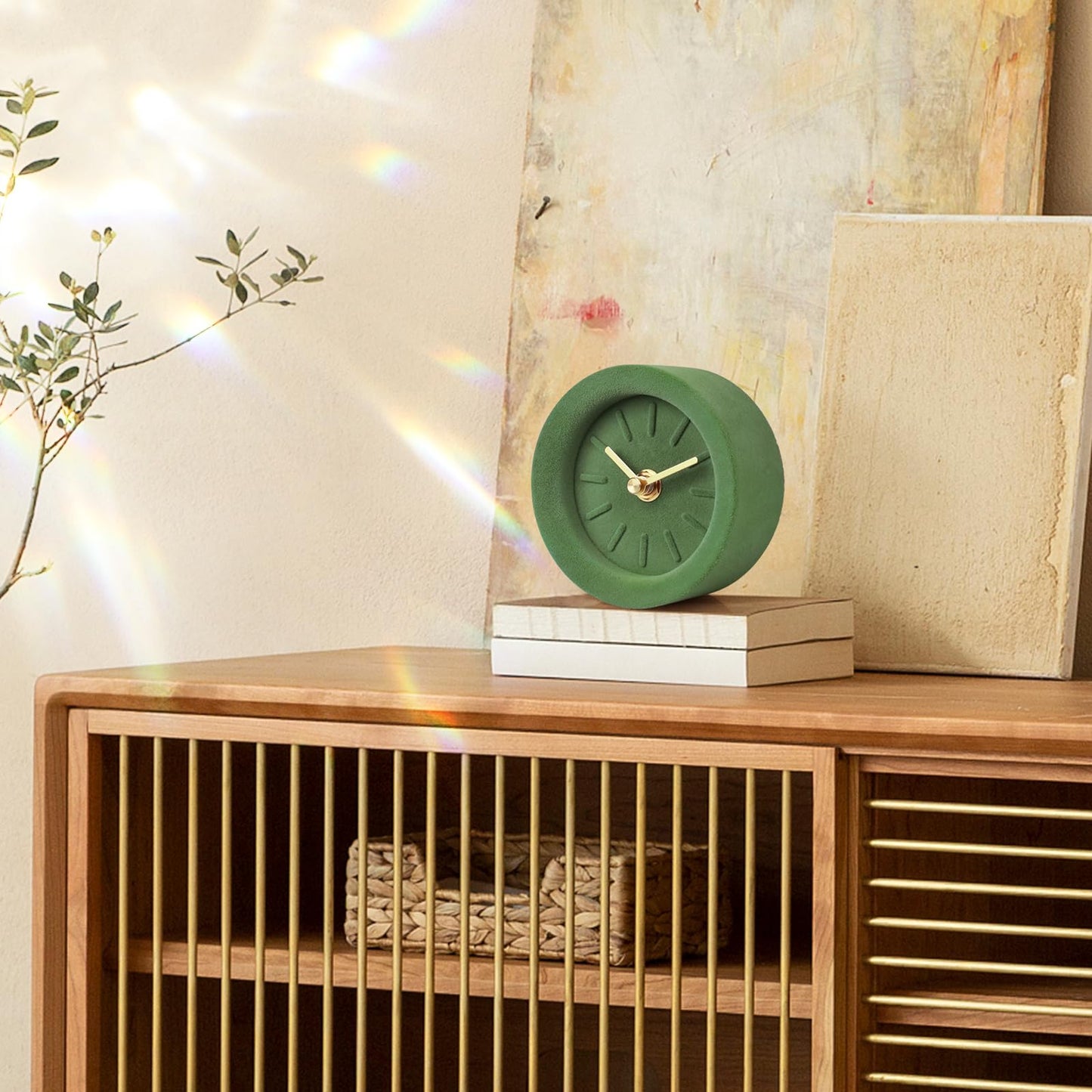 SCOAGE 4 Inch Minimalist Flocked Cement Desk Shelf Clock, Silent Non-Ticking Battery Operated, Modern Decorative Table Clock for Bedroom Bedside, Dresser, Mantel, Home Office (Green)