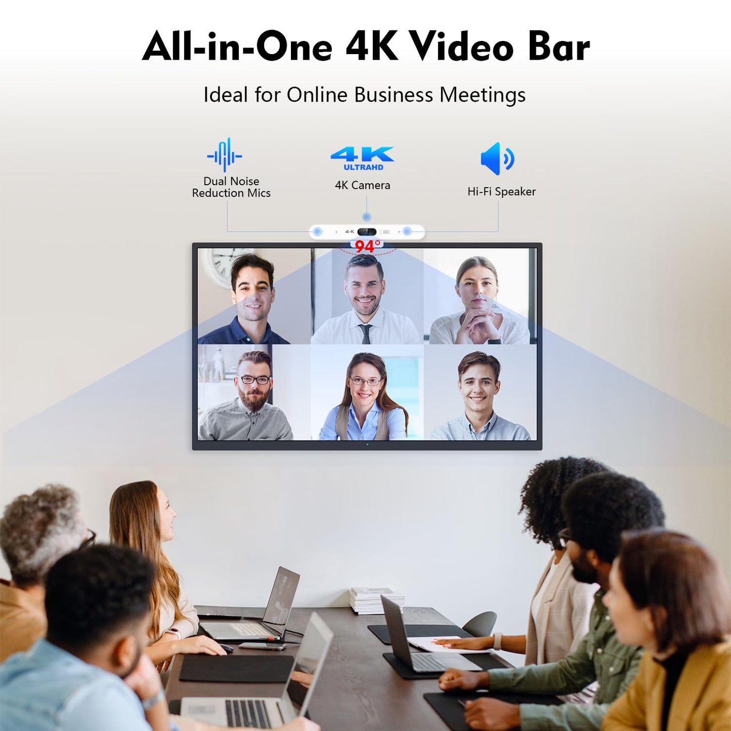 TOALLIN 3-in-1 4K Conference Webcam with Mic and Speaker, AI Auto-Framing & Speaker-Tracking, USB Video Bar, All-in-One Video Conference Camera for Online Meetings, Video Calls