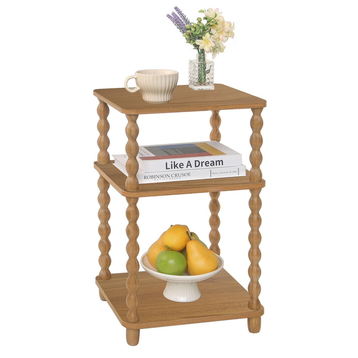 Fultyle End Table, Small Side Table with 3 Tier Open Shelf, Modern NightStand Accent Table for Small Spaces, Living Room and Office (Caramel Tan)