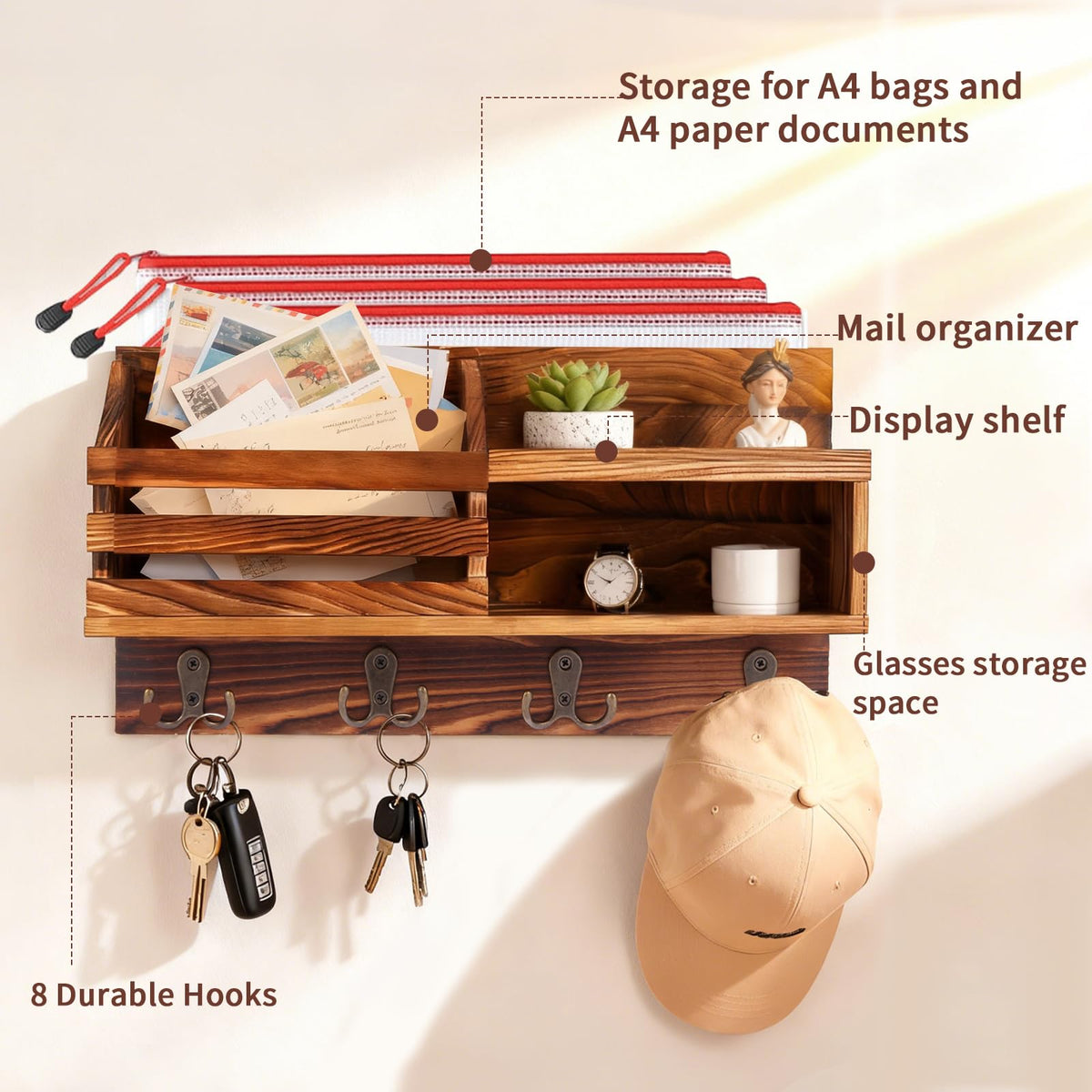 Eryvik Key and Mail Holder for Wall, Mail Organizer Wall Mount with Shelf, Farmhouse Entryway Decor for Organizing A4 Bags,Wallet, Dog Leash, Sunglass (Brown)